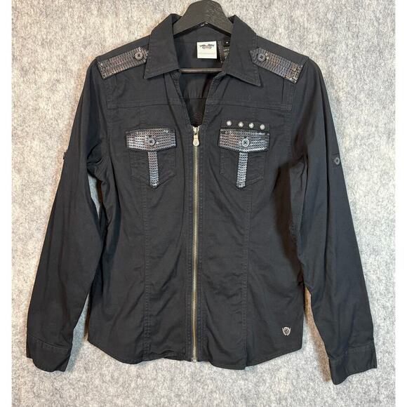 Harley Davidson Womens Black Thin Sequin Motorcycle Jacket Full Zip Medium - Picture 1 of 6